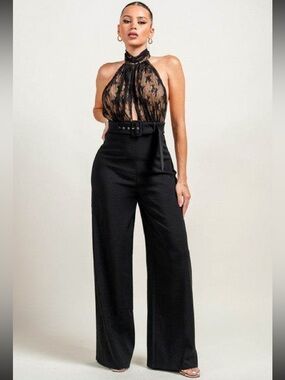 High-Waist Black Wide-Leg Jumpsuit with Lace Halter Bodice